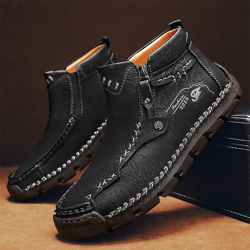 (⏰ Almost Gone!!!) Men's Top-Quality Motorcycle Boots Hand-Stitched Genuine Leather Boots-Wide Toe, Waterproof, Anti-Slip, Anti-Sprain, Suitable for Work, Driving, Hiking