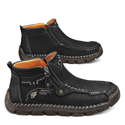 (⏰ Almost Gone!!!) Men's Top-Quality Motorcycle Boots Hand-Stitched Genuine Leather Boots-Wide Toe, Waterproof, Anti-Slip, Anti-Sprain, Suitable for Work, Driving, Hiking