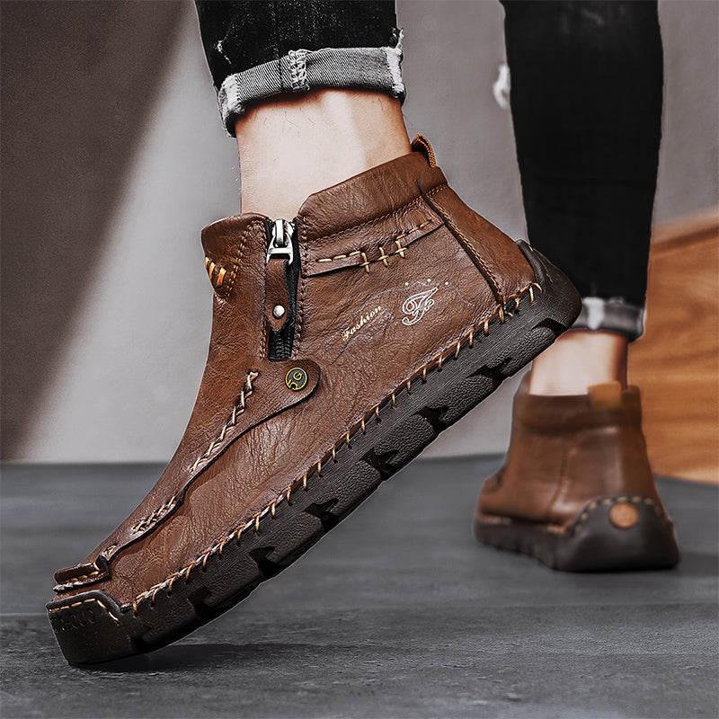 (⏰ Almost Gone!!!) Men's Top-Quality Motorcycle Boots Hand-Stitched Genuine Leather Boots-Wide Toe, Waterproof, Anti-Slip, Anti-Sprain, Suitable for Work, Driving, Hiking
