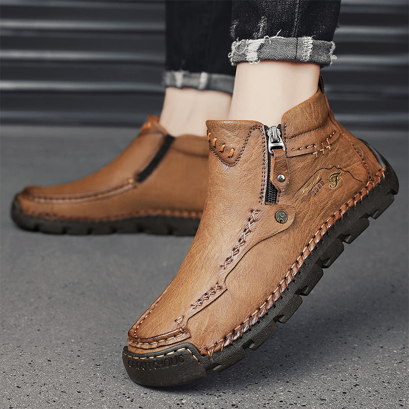 (⏰ Almost Gone!!!) Men's Top-Quality Motorcycle Boots Hand-Stitched Genuine Leather Boots-Wide Toe, Waterproof, Anti-Slip, Anti-Sprain, Suitable for Work, Driving, Hiking