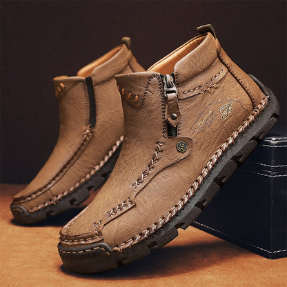 (⏰ Almost Gone!!!) Men's Top-Quality Motorcycle Boots Hand-Stitched Genuine Leather Boots-Wide Toe, Waterproof, Anti-Slip, Anti-Sprain, Suitable for Work, Driving, Hiking