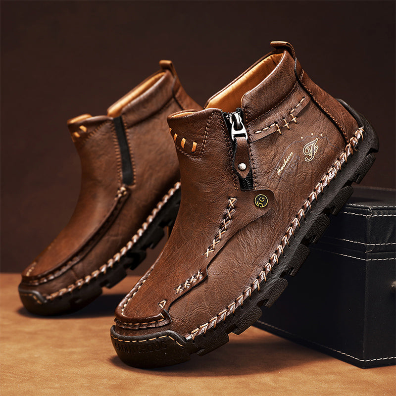 (⏰ Almost Gone!!!) Men's Top-Quality Motorcycle Boots Hand-Stitched Genuine Leather Boots-Wide Toe, Waterproof, Anti-Slip, Anti-Sprain, Suitable for Work, Driving, Hiking