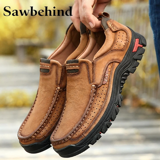 Sawbehind Mens Non-slip Walking Shoes Leather Lightweight Breathable Casual Loafers
