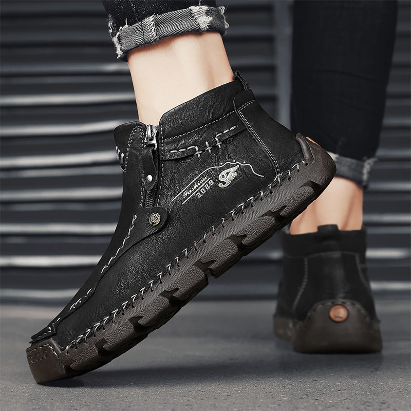 (⏰ Almost Gone!!!) Men's Top-Quality Motorcycle Boots Hand-Stitched Genuine Leather Boots-Wide Toe, Waterproof, Anti-Slip, Anti-Sprain, Suitable for Work, Driving, Hiking