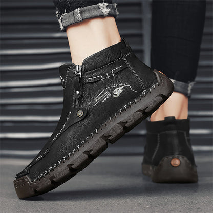 (⏰ Almost Gone!!!) Men's Top-Quality Motorcycle Boots Hand-Stitched Genuine Leather Boots-Wide Toe, Waterproof, Anti-Slip, Anti-Sprain, Suitable for Work, Driving, Hiking