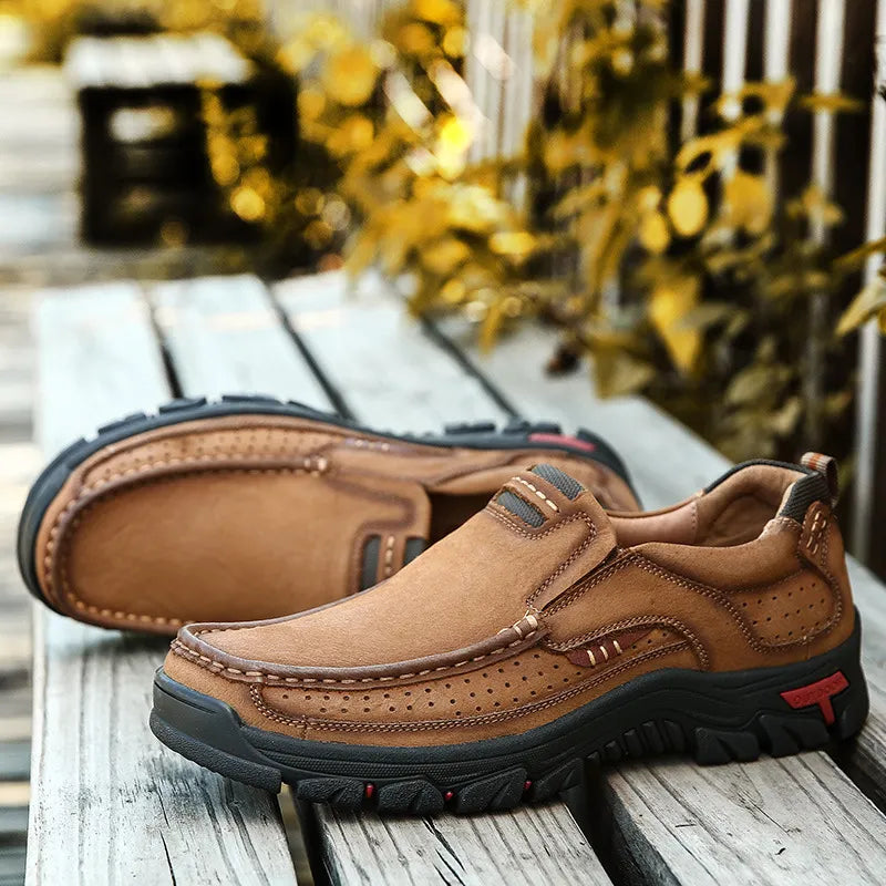 Sawbehind Mens Non-slip Walking Shoes Leather Lightweight Breathable Casual Loafers