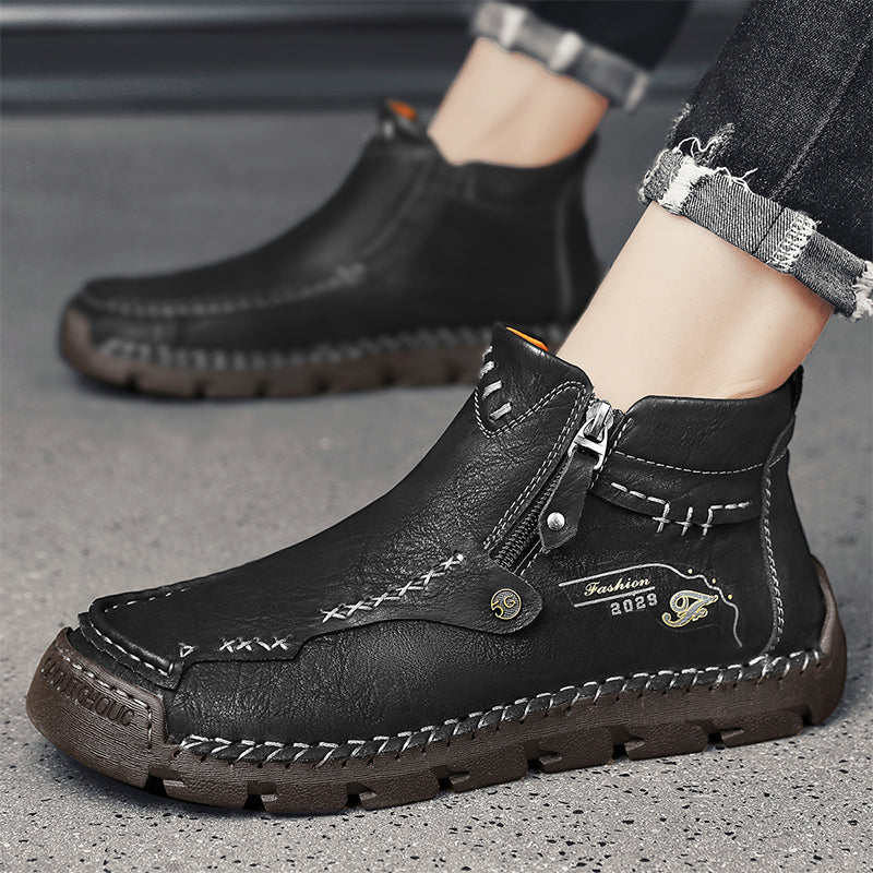 (⏰ Almost Gone!!!) Men's Top-Quality Motorcycle Boots Hand-Stitched Genuine Leather Boots-Wide Toe, Waterproof, Anti-Slip, Anti-Sprain, Suitable for Work, Driving, Hiking