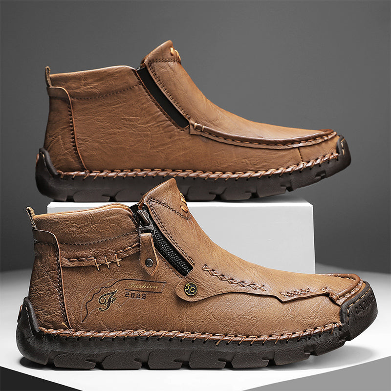 (⏰ Almost Gone!!!) Men's Top-Quality Motorcycle Boots Hand-Stitched Genuine Leather Boots-Wide Toe, Waterproof, Anti-Slip, Anti-Sprain, Suitable for Work, Driving, Hiking