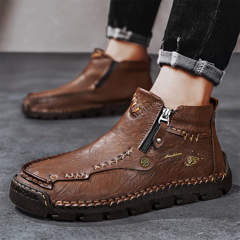 (⏰ Almost Gone!!!) Men's Top-Quality Motorcycle Boots Hand-Stitched Genuine Leather Boots-Wide Toe, Waterproof, Anti-Slip, Anti-Sprain, Suitable for Work, Driving, Hiking