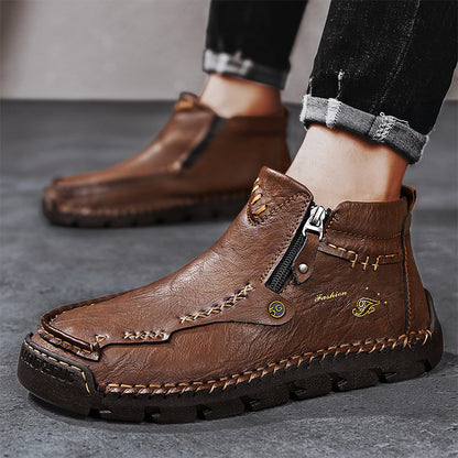 (⏰ Almost Gone!!!) Men's Top-Quality Motorcycle Boots Hand-Stitched Genuine Leather Boots-Wide Toe, Waterproof, Anti-Slip, Anti-Sprain, Suitable for Work, Driving, Hiking