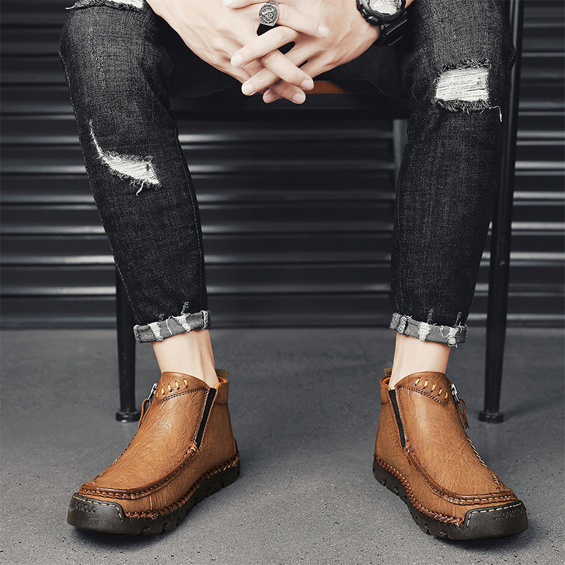 (⏰ Almost Gone!!!) Men's Top-Quality Motorcycle Boots Hand-Stitched Genuine Leather Boots-Wide Toe, Waterproof, Anti-Slip, Anti-Sprain, Suitable for Work, Driving, Hiking