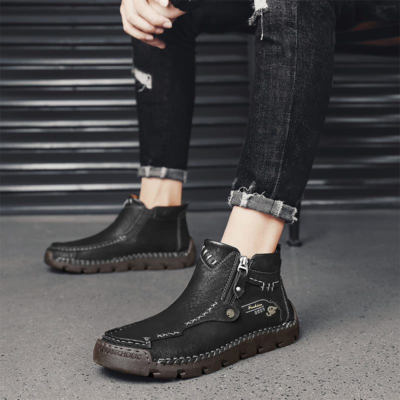 (⏰ Almost Gone!!!) Men's Top-Quality Motorcycle Boots Hand-Stitched Genuine Leather Boots-Wide Toe, Waterproof, Anti-Slip, Anti-Sprain, Suitable for Work, Driving, Hiking