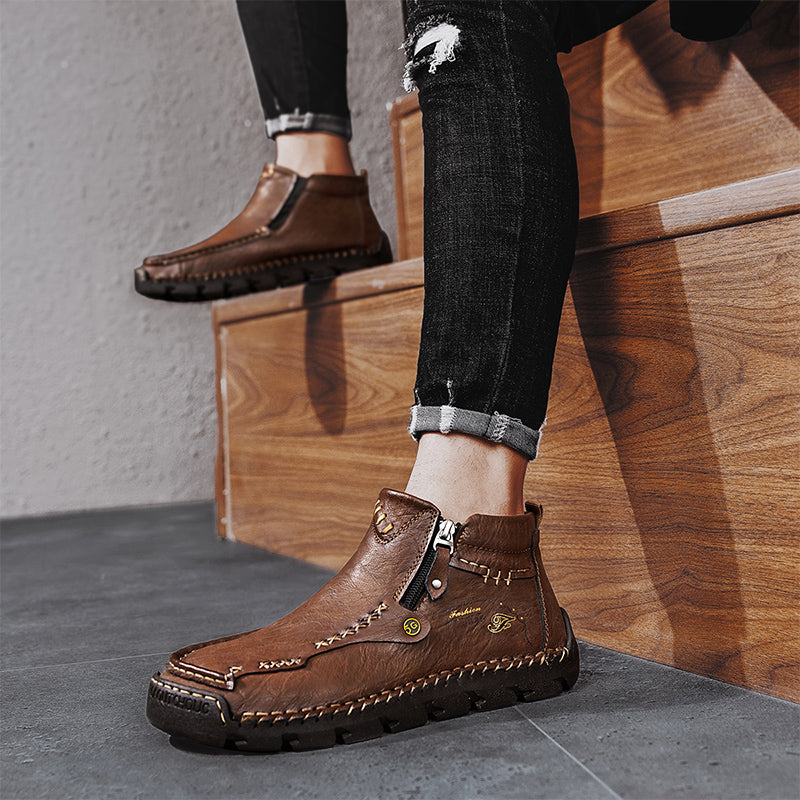 (⏰ Almost Gone!!!) Men's Top-Quality Motorcycle Boots Hand-Stitched Genuine Leather Boots-Wide Toe, Waterproof, Anti-Slip, Anti-Sprain, Suitable for Work, Driving, Hiking