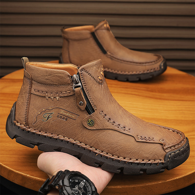 (⏰ Almost Gone!!!) Men's Top-Quality Motorcycle Boots Hand-Stitched Genuine Leather Boots-Wide Toe, Waterproof, Anti-Slip, Anti-Sprain, Suitable for Work, Driving, Hiking