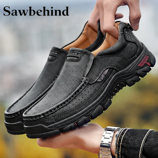 Sawbehind Mens Non-slip Walking Shoes Leather Lightweight Breathable Casual Loafers