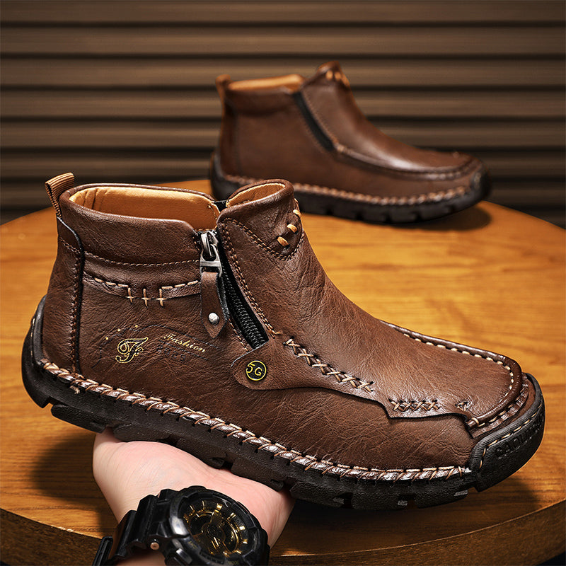 (⏰ Almost Gone!!!) Men's Top-Quality Motorcycle Boots Hand-Stitched Genuine Leather Boots-Wide Toe, Waterproof, Anti-Slip, Anti-Sprain, Suitable for Work, Driving, Hiking