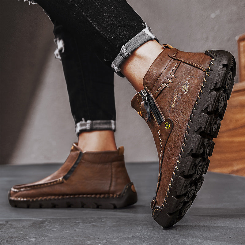 (⏰ Almost Gone!!!) Men's Top-Quality Motorcycle Boots Hand-Stitched Genuine Leather Boots-Wide Toe, Waterproof, Anti-Slip, Anti-Sprain, Suitable for Work, Driving, Hiking