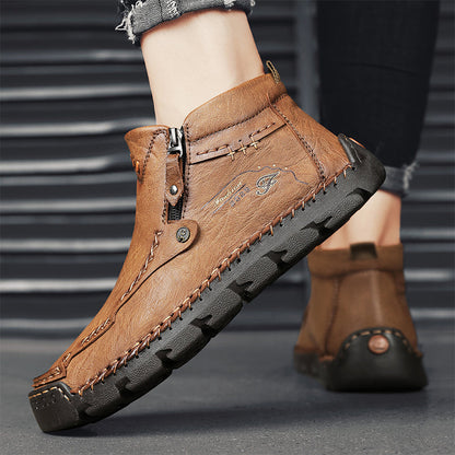 (⏰ Almost Gone!!!) Men's Top-Quality Motorcycle Boots Hand-Stitched Genuine Leather Boots-Wide Toe, Waterproof, Anti-Slip, Anti-Sprain, Suitable for Work, Driving, Hiking